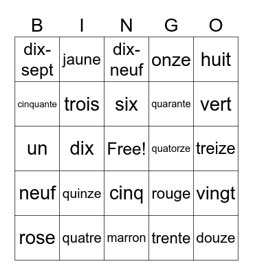 French Numbers and Colors Bingo Card
