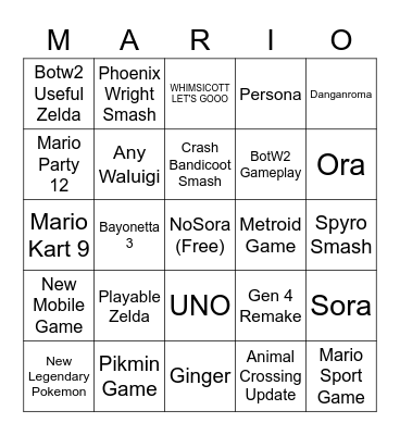 Nintendo Direct Bingo Card