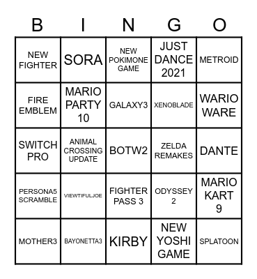 NINTENDO DIRECT Bingo Card