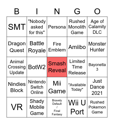 Nintendo Direct 2021 Bingo Card