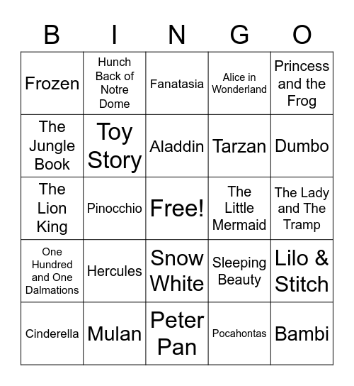 Disney Movies Bingo Card