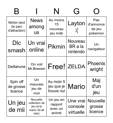 Bingo Nintendo Direct Bingo Card