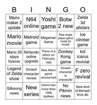 Nintendo direct Bingo Card