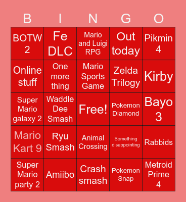 Nintendo Direct 17/02/21 Bingo Card