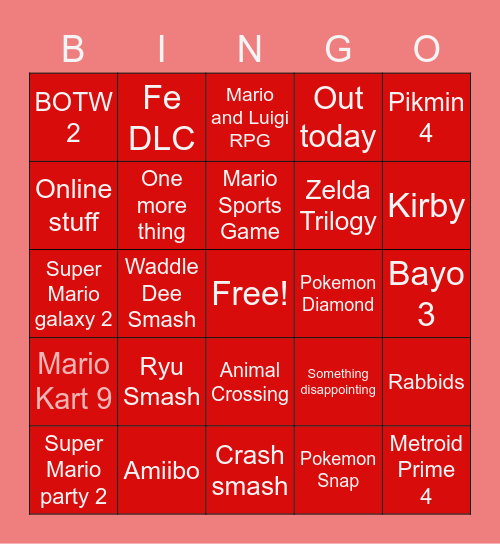 Nintendo Direct 17/02/21 Bingo Card