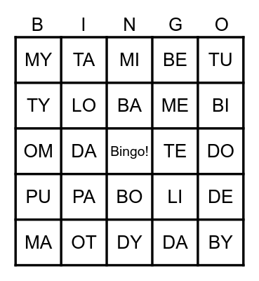 sylaby Bingo Card