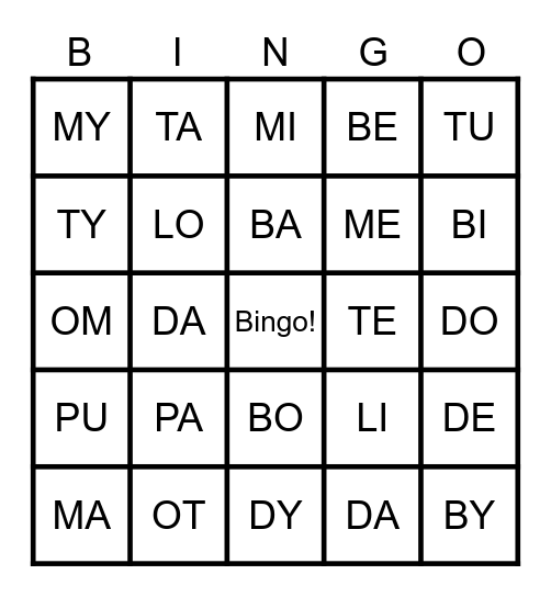 sylaby Bingo Card