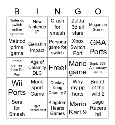 Nintendo Direct Bingo Card