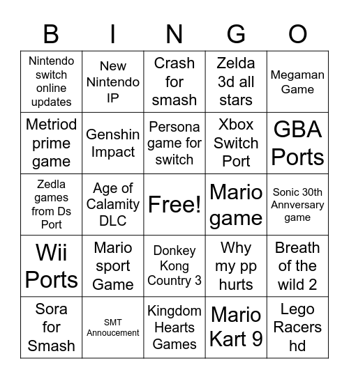 Nintendo Direct Bingo Card