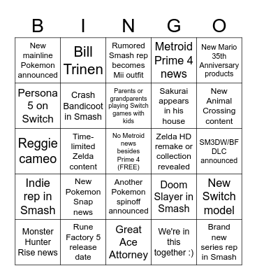 Nintendo Direct Feb 2021 Bingo Card