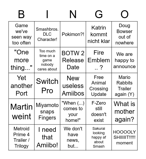 Nintendo Direct Martin Bingo Card