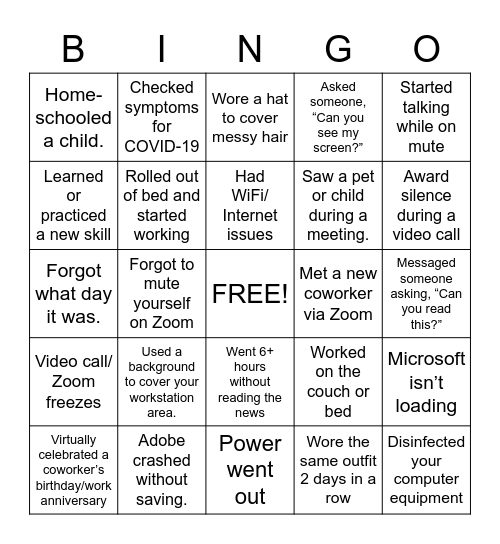 Marketing WFH BINGO Card