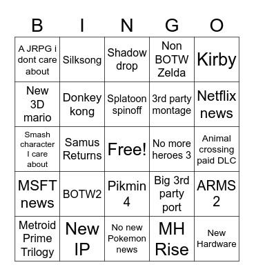 Nintendo Feb 2021 Bingo Card