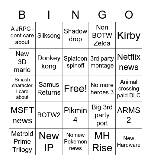 Nintendo Feb 2021 Bingo Card