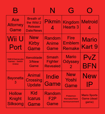 Nintendo Direct Bingo Care Bingo Card