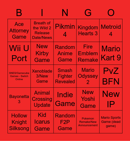 Nintendo Direct Bingo Care Bingo Card