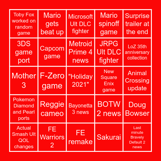 February 2021 Nintendo Direct! Bingo Card