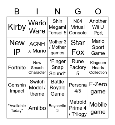 Nintendo Direct (17/02/2021) Bingo Card