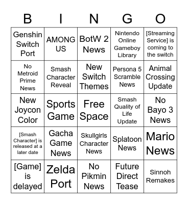 Nintendo Direct Bingo Card