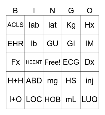 Medical abreviations Bingo Card