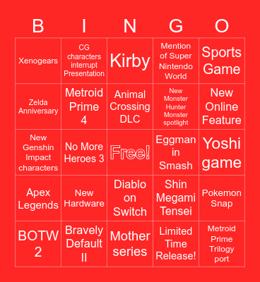 Nintendo Direct 2021 Bingo Card