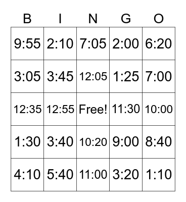 Telling Time Bingo Card
