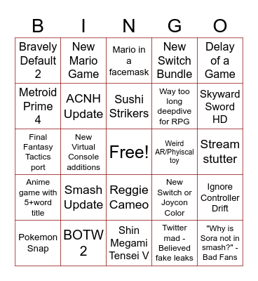 Nintendo Direct Bingo Card