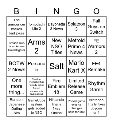 2/17 Nintendo Direct Bingo Card