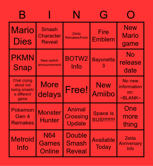 Nintendo Direct 2021/2/17 Bingo Card