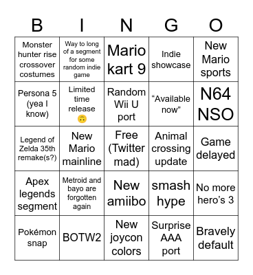 Nintendo direct bingo Card