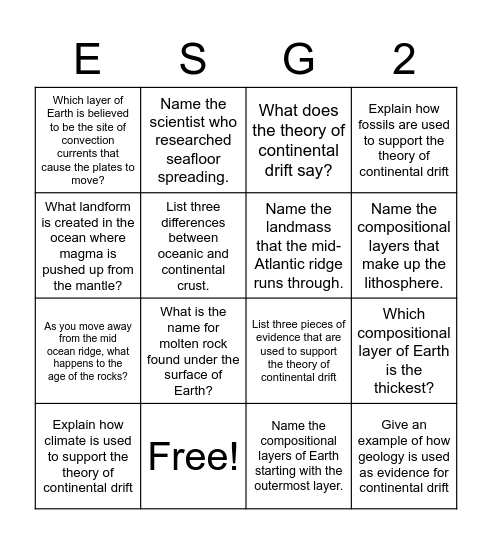 Earth's layers, continental drift and seafloor spreading review Bingo Card