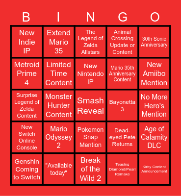 Nintendo Direct Bingo Card