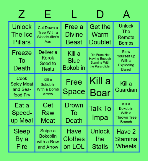 The Legend of Zelda : Breath of the Wild Bingo Card