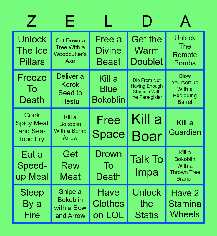 The Legend of Zelda : Breath of the Wild Bingo Card