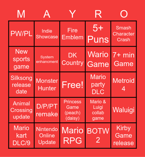 Nentindo direkt Bingo Card