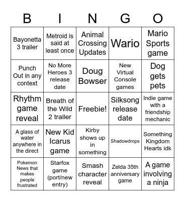 Nintendo Direct Dream Bingo Card Bingo Card