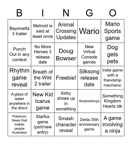 Nintendo Direct Dream Bingo Card Bingo Card