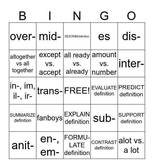 ACT Grammar II Bingo Card