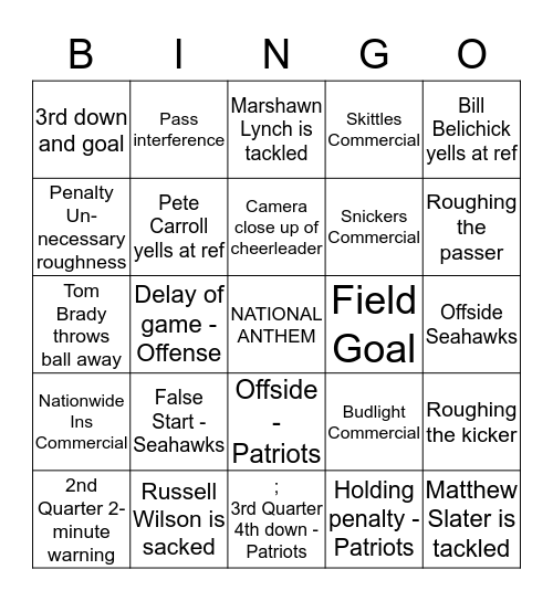 SUPER BOWL 49 Bingo Card