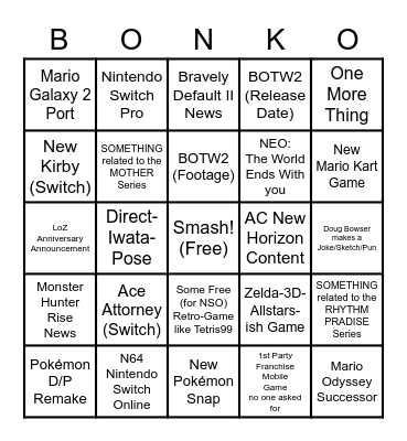 Nintendo Dairecto Bingo Card