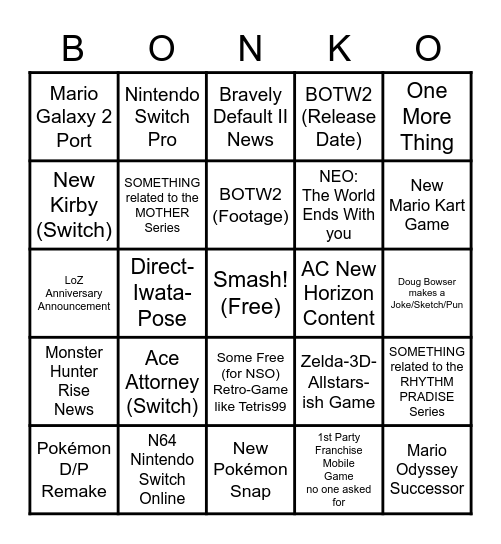 Nintendo Dairecto Bingo Card
