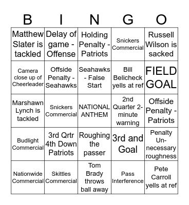 SUPER BOWL  49 Bingo Card