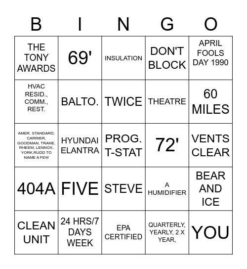 ARCTIC AIRE BINGO Card