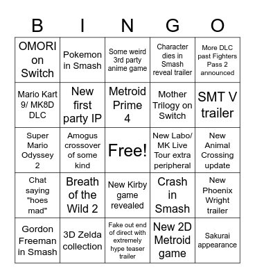 Nintendo Direct 2/17/21 Bingo Card