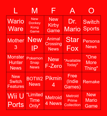 Nintendo Direct 17.02 Bingo Card