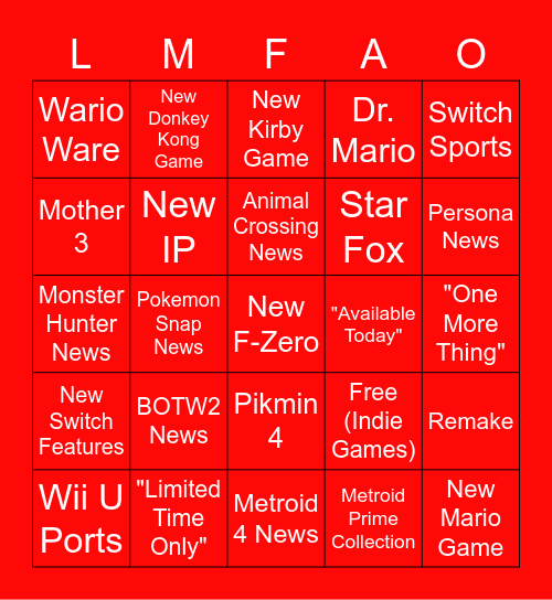 Nintendo Direct 17.02 Bingo Card