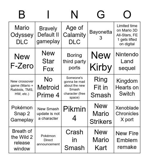 Nintendo Direct Bingo Card