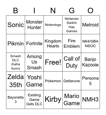 Nintendo Direct Bingo Card