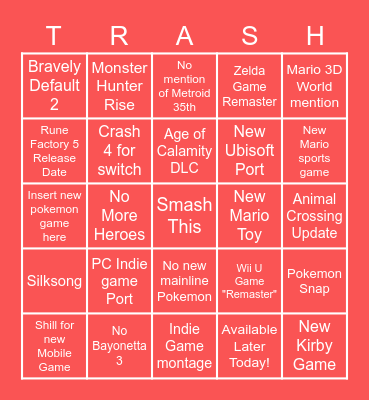 Nintendo Direct Bingo Card