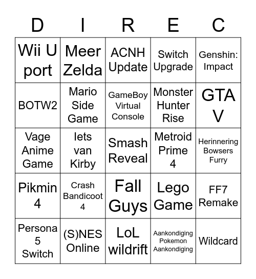 Nintendo Direcccc Bingo Card